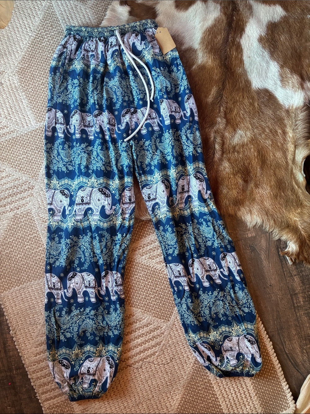Boho Elephant Print Drawstring Jogger Pants - Navy